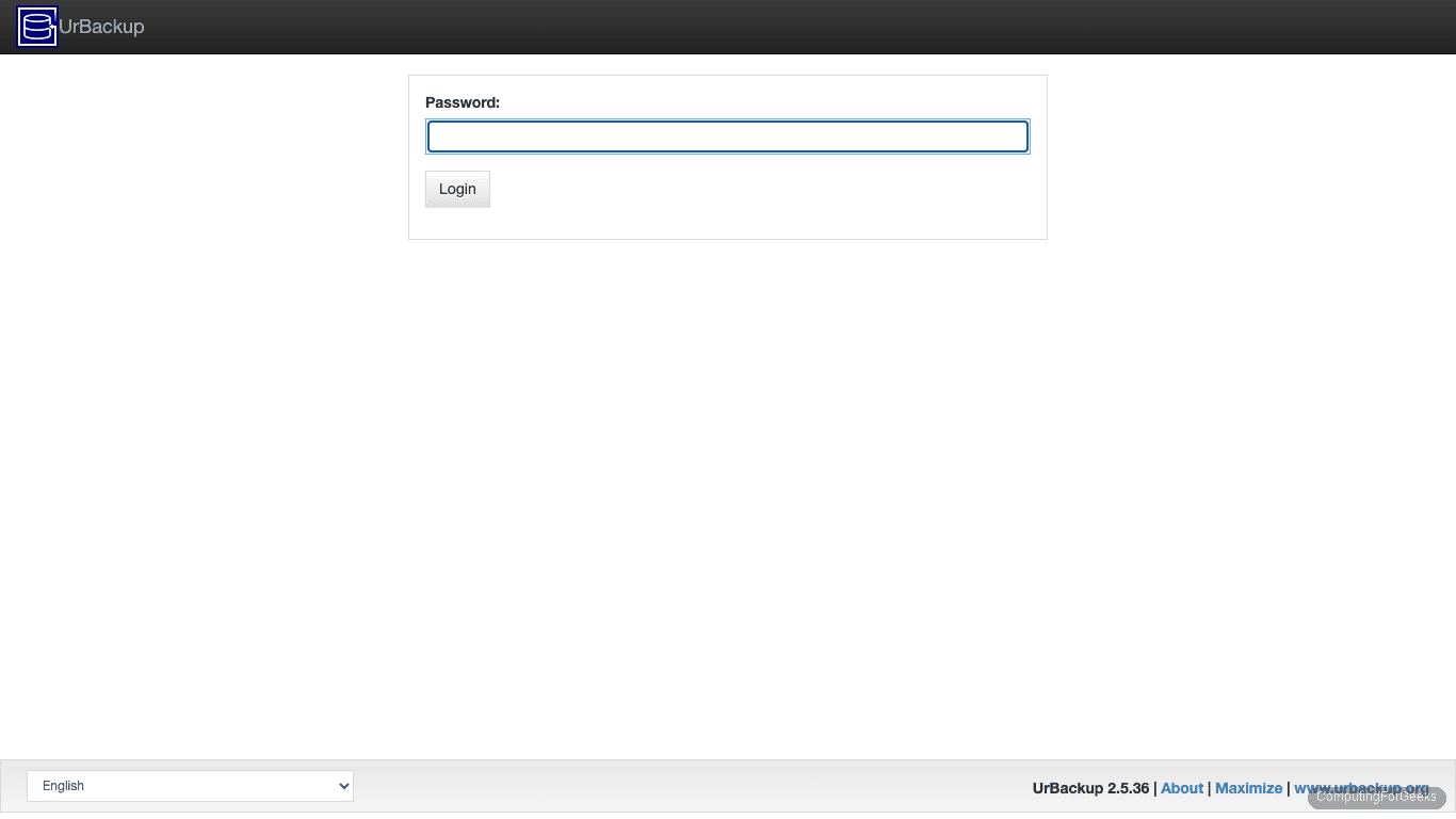UrBackup web interface login page showing password field