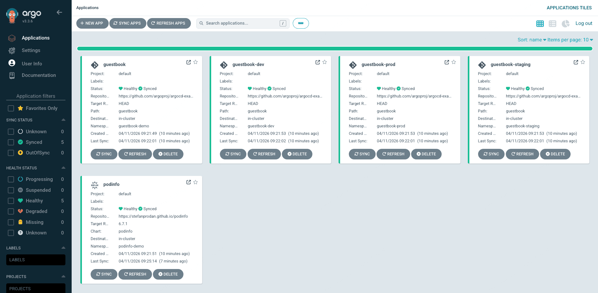 ArgoCD Applications tile view with guestbook and podinfo synced and healthy on GKE