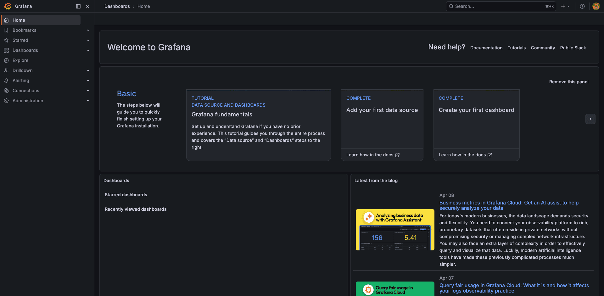 Grafana home screen showing the welcome dashboard with search bar and recently viewed panels
