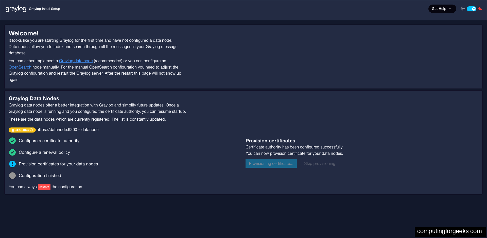Graylog configuration finished with all checklist items green and Resume startup button