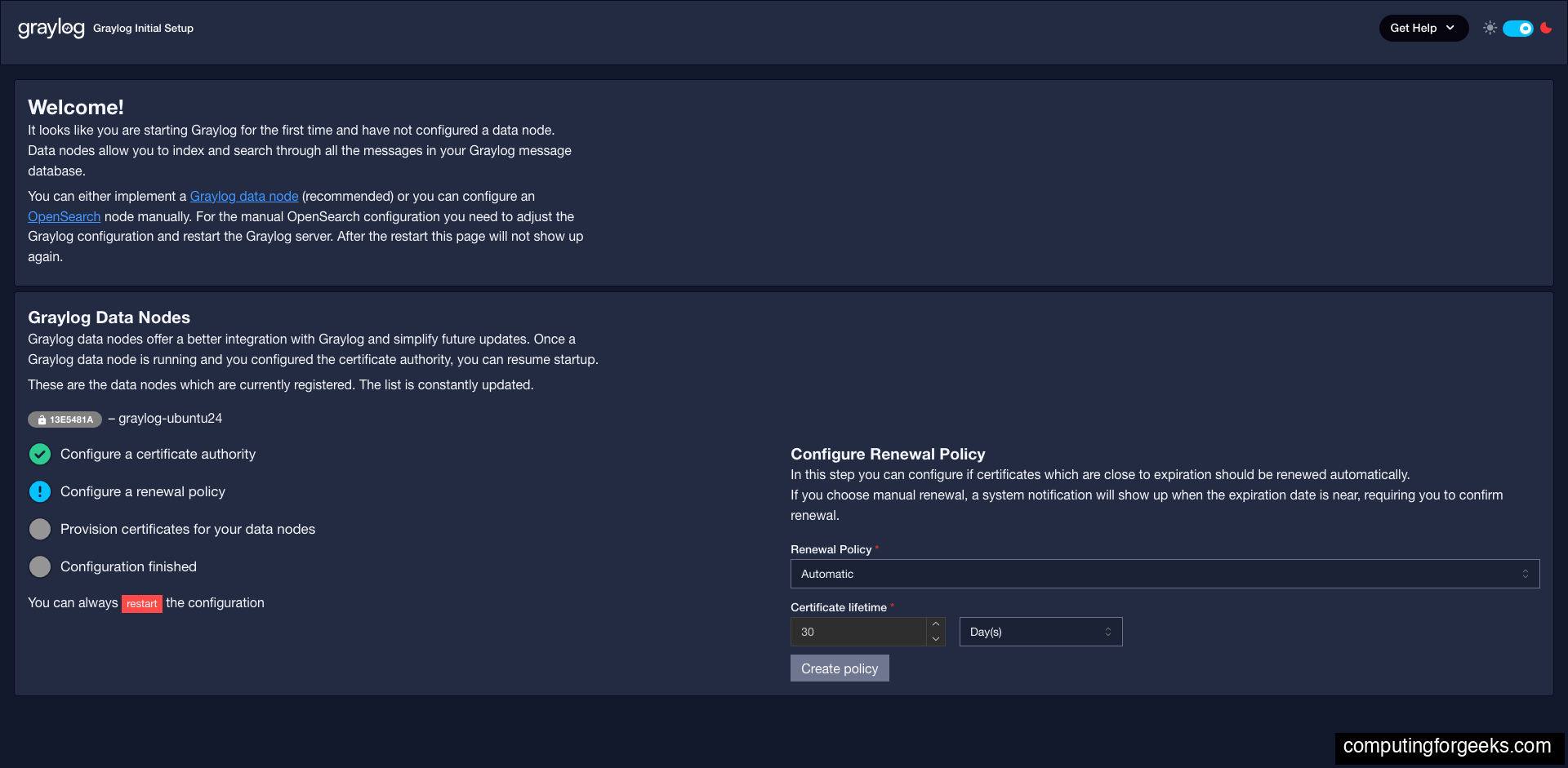 Graylog renewal policy configuration with automatic mode and certificate lifetime