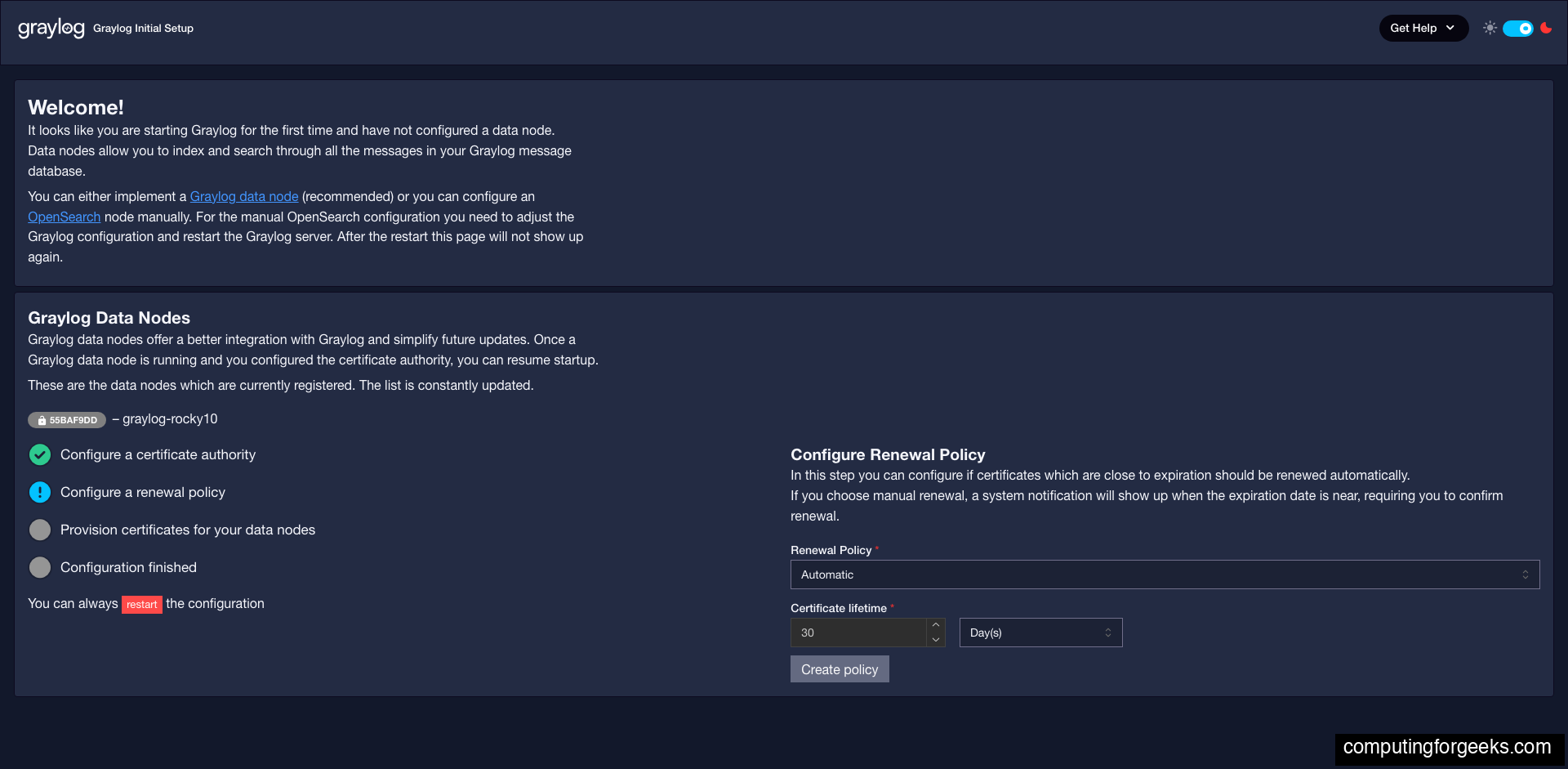Graylog Certificate renewal policy configuration with Automatic mode and 1 month certificate lifetime