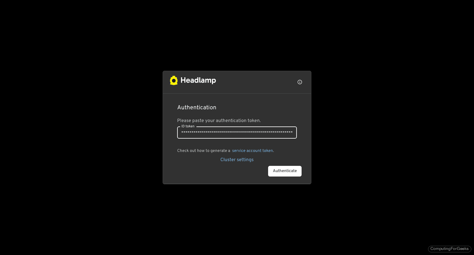 Pasting a service account bearer token into Headlamp