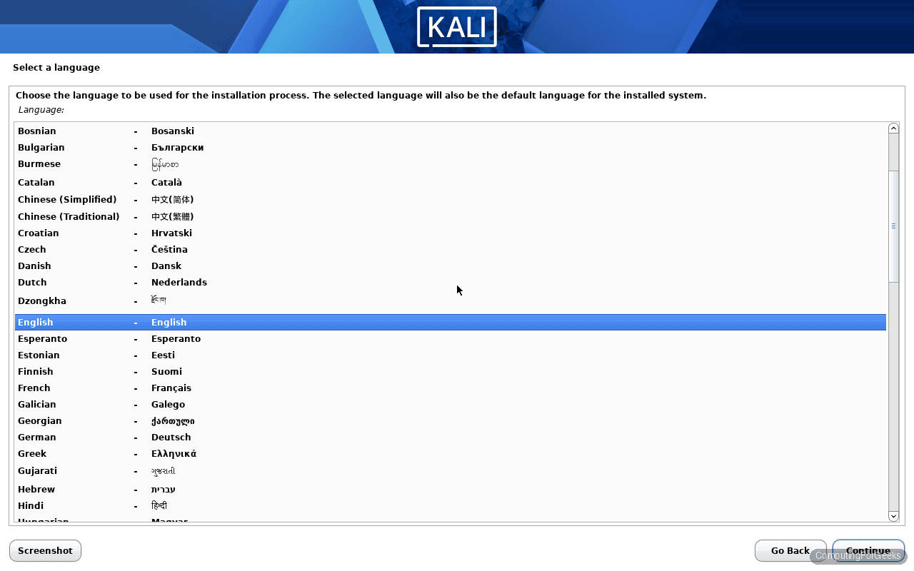 Kali Linux 2026.1 installer language selection English