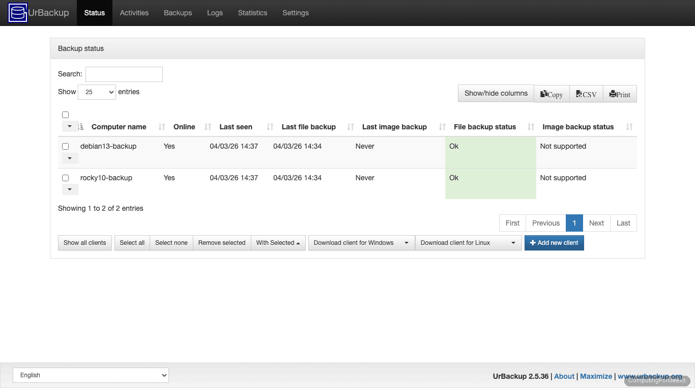 UrBackup dashboard showing Rocky Linux 10 and Debian 13 clients online with Ok backup status