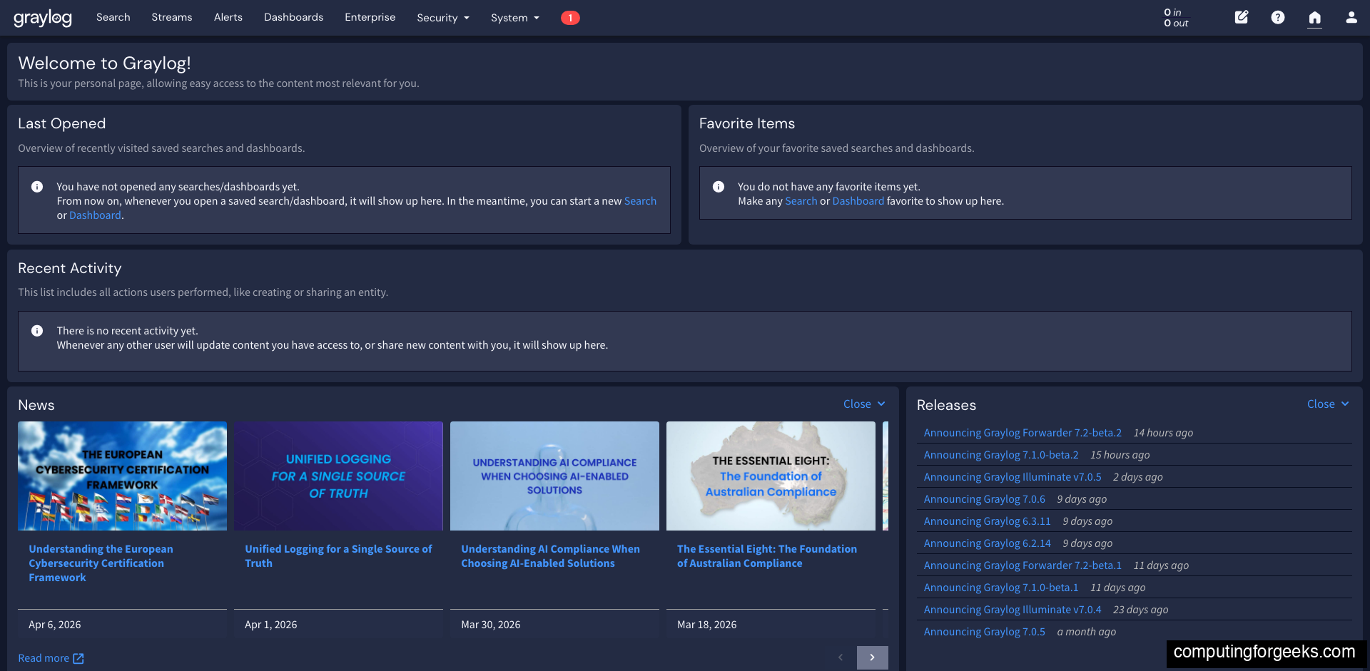 Graylog 7 welcome dashboard loaded after Docker Compose deployment