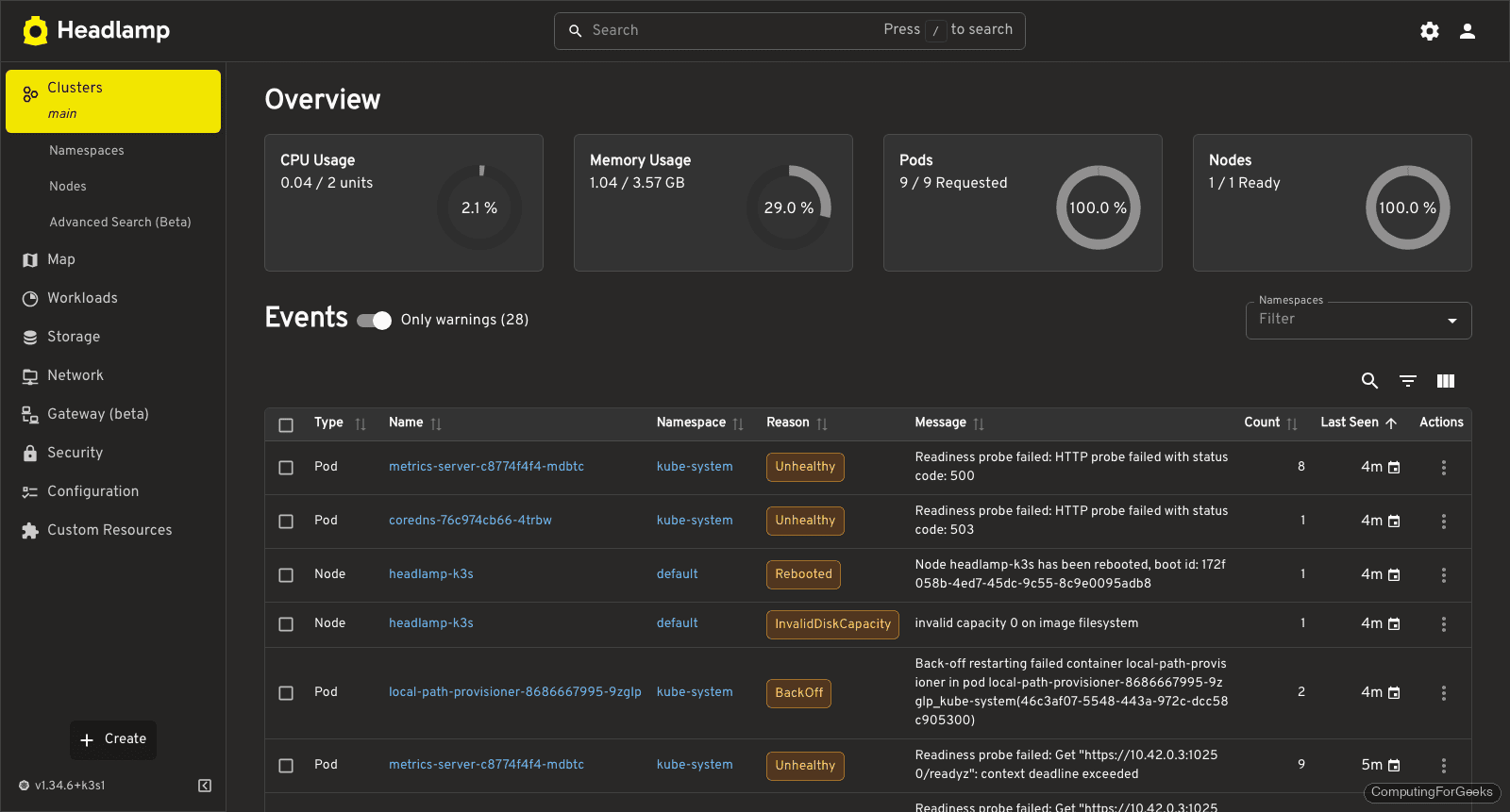 Headlamp cluster overview showing CPU memory pods and nodes metrics