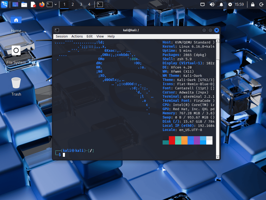 Fastfetch output showing Kali Linux 2025.4 with kernel 6.16.8 before upgrade