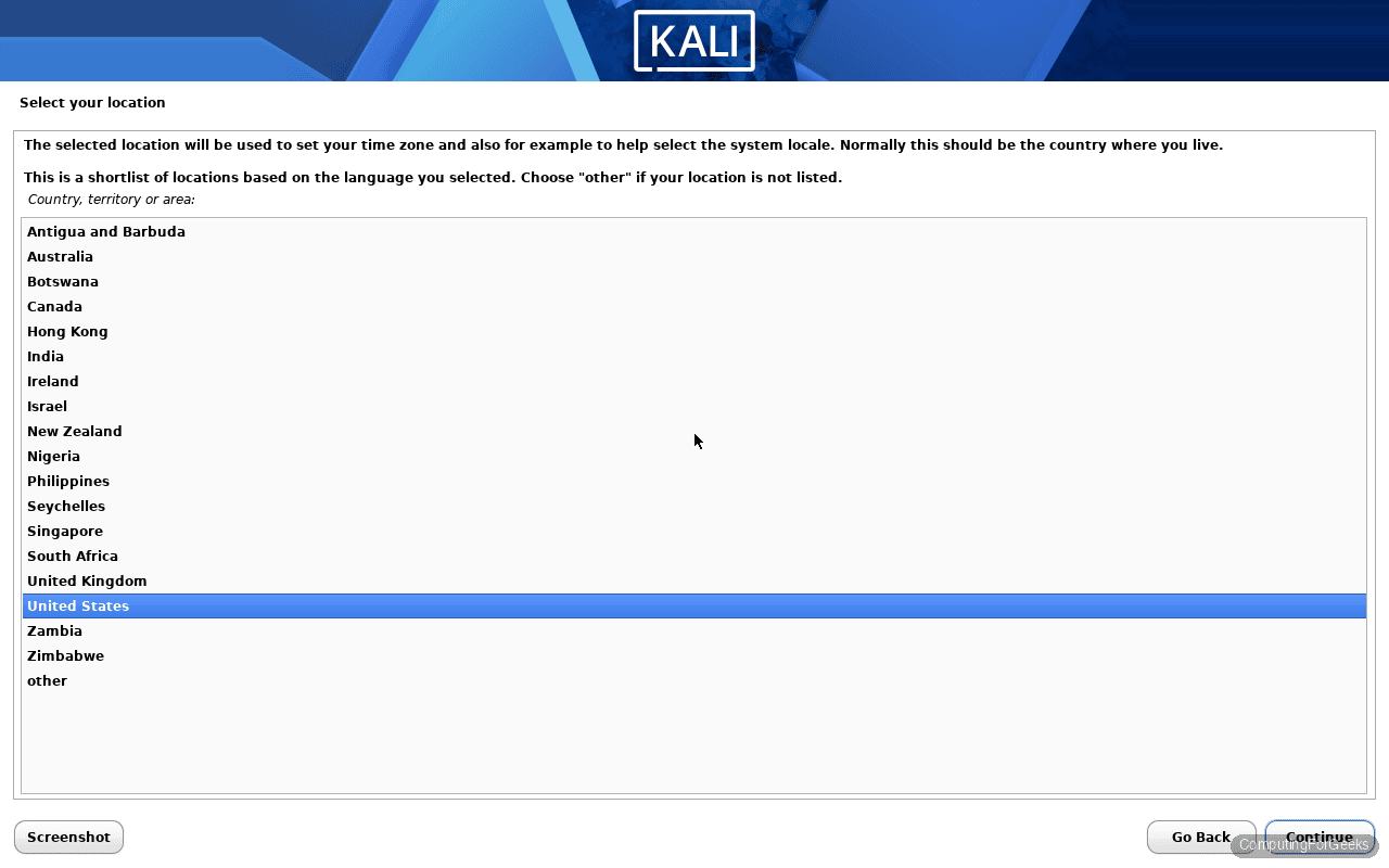 Kali Linux 2026.1 installer location United States selection