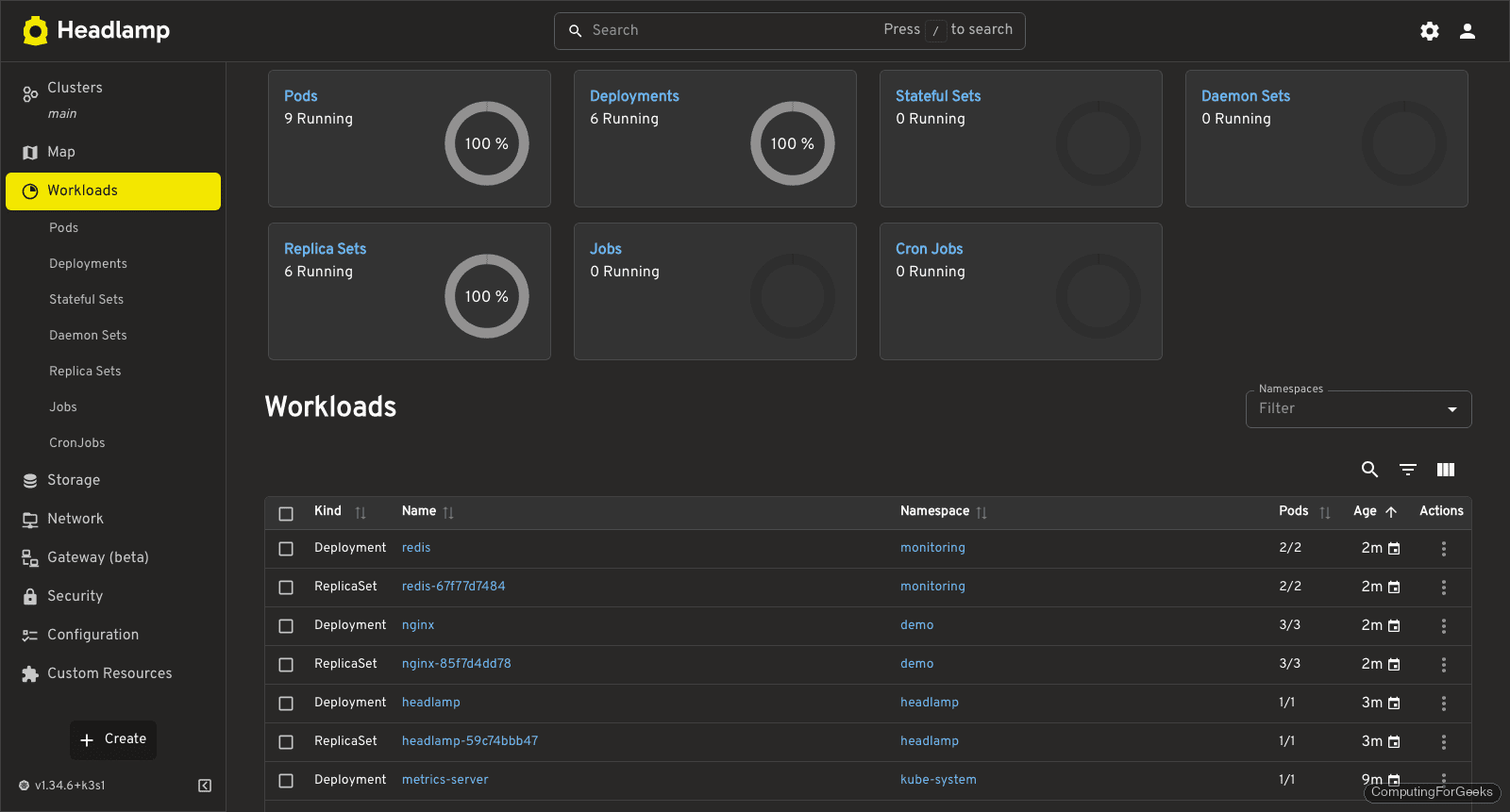Headlamp workloads page listing deployments daemonsets and replicasets