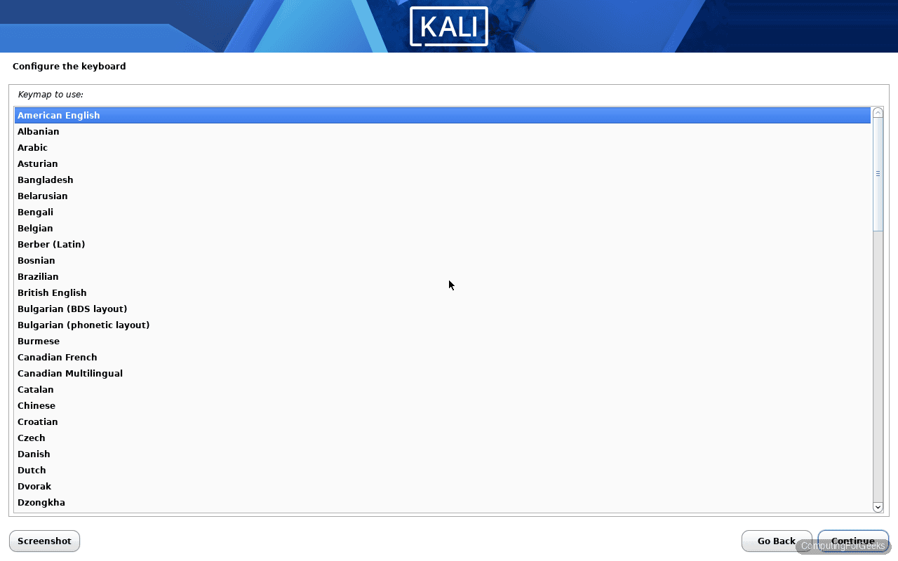 Kali Linux 2026.1 installer American English keyboard layout