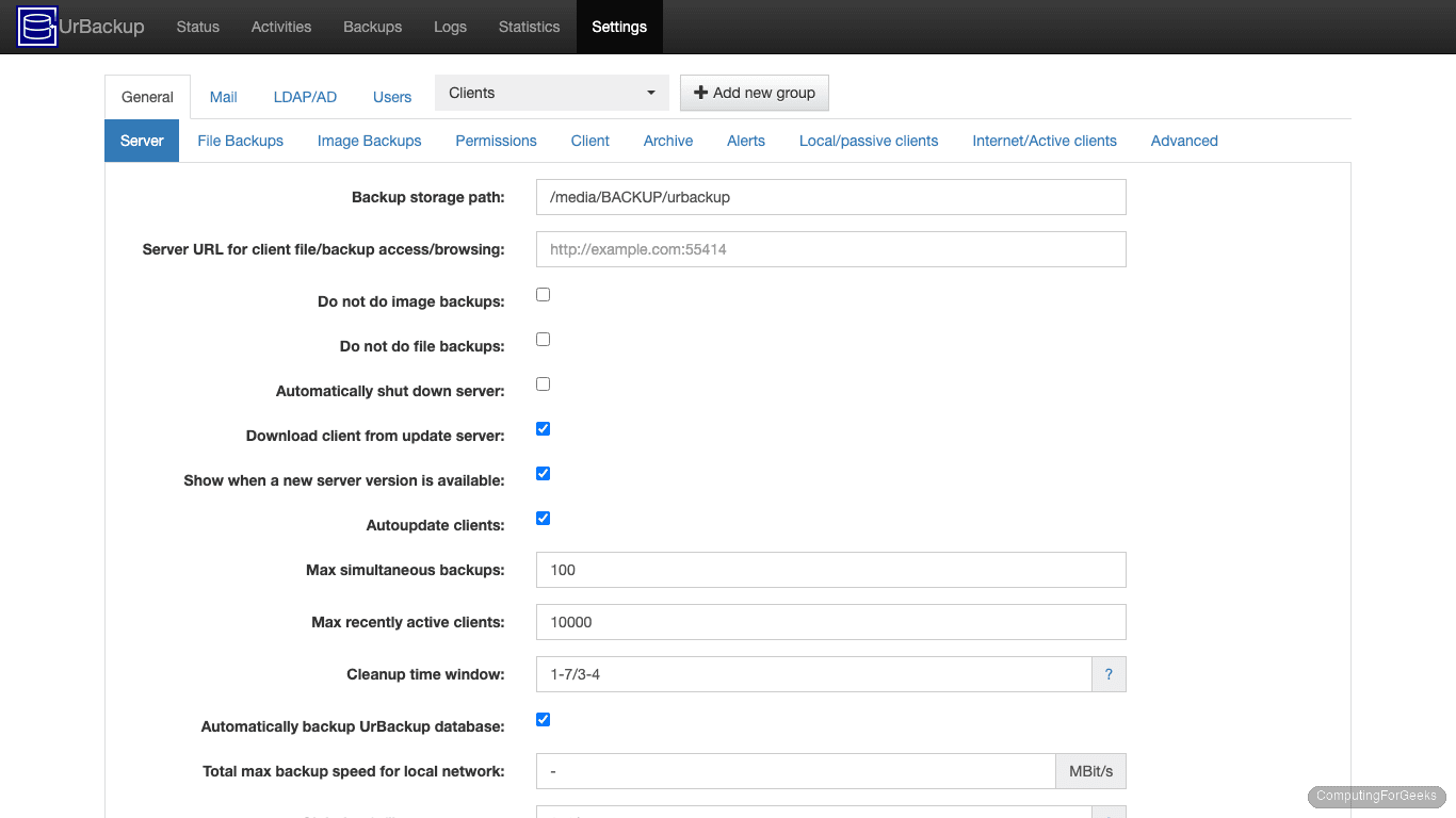 UrBackup server settings showing backup storage path and global configuration
