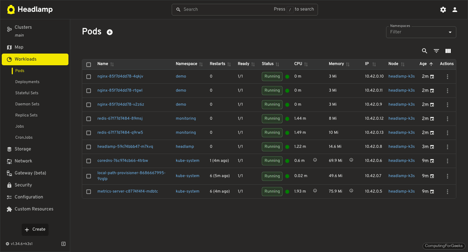 Headlamp pods list across all namespaces with status and node info