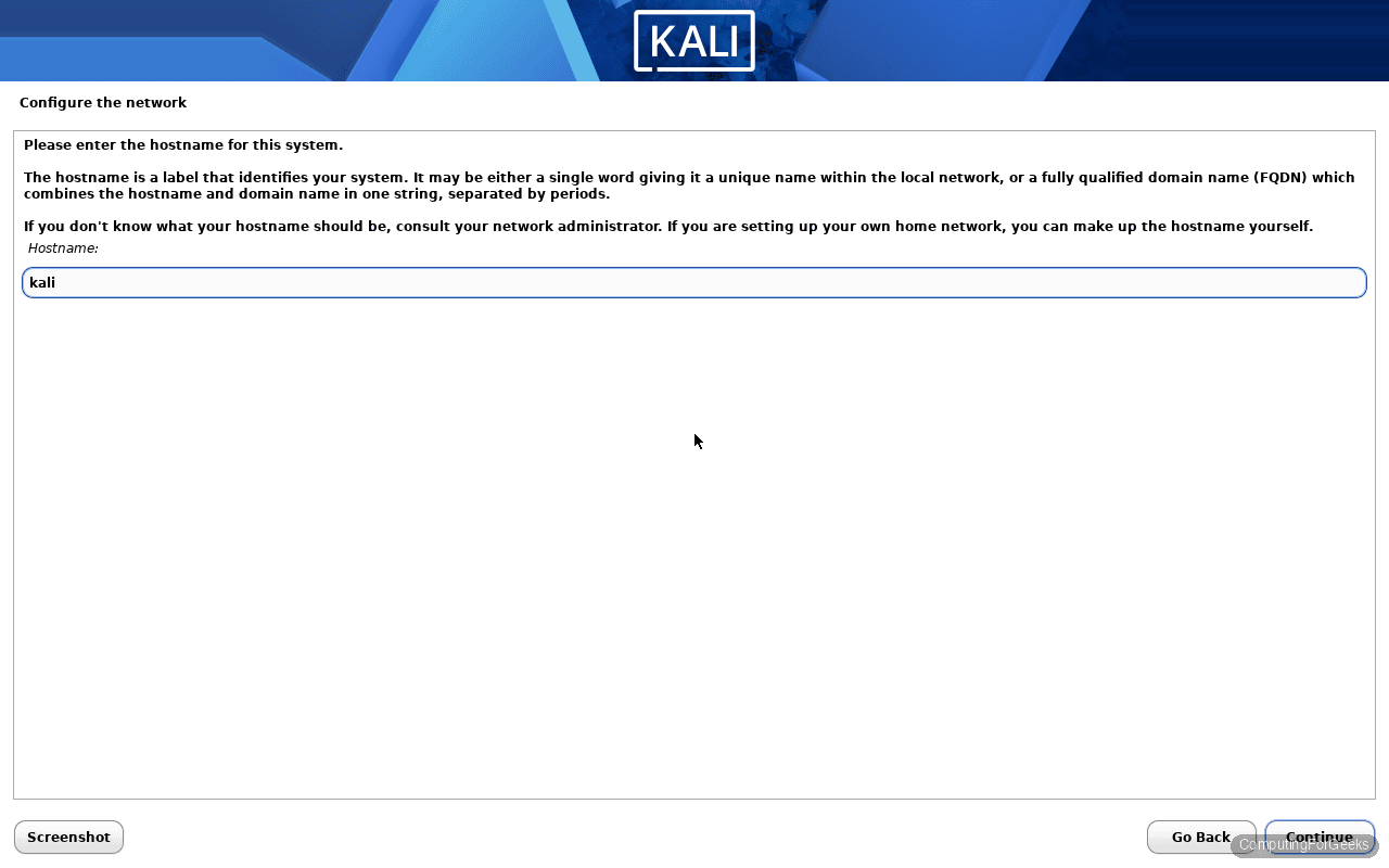 Kali Linux 2026.1 installer hostname configuration