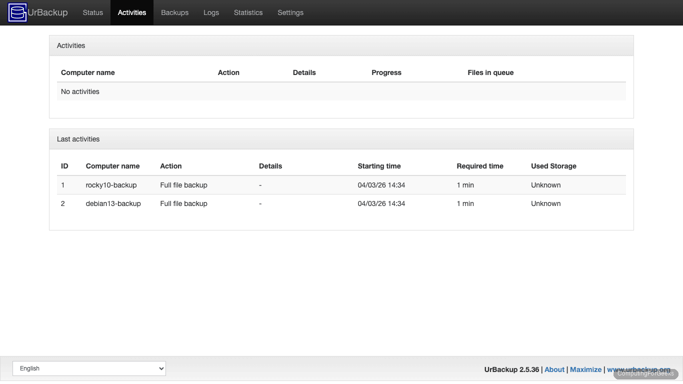 UrBackup activities page showing completed full file backups for both clients