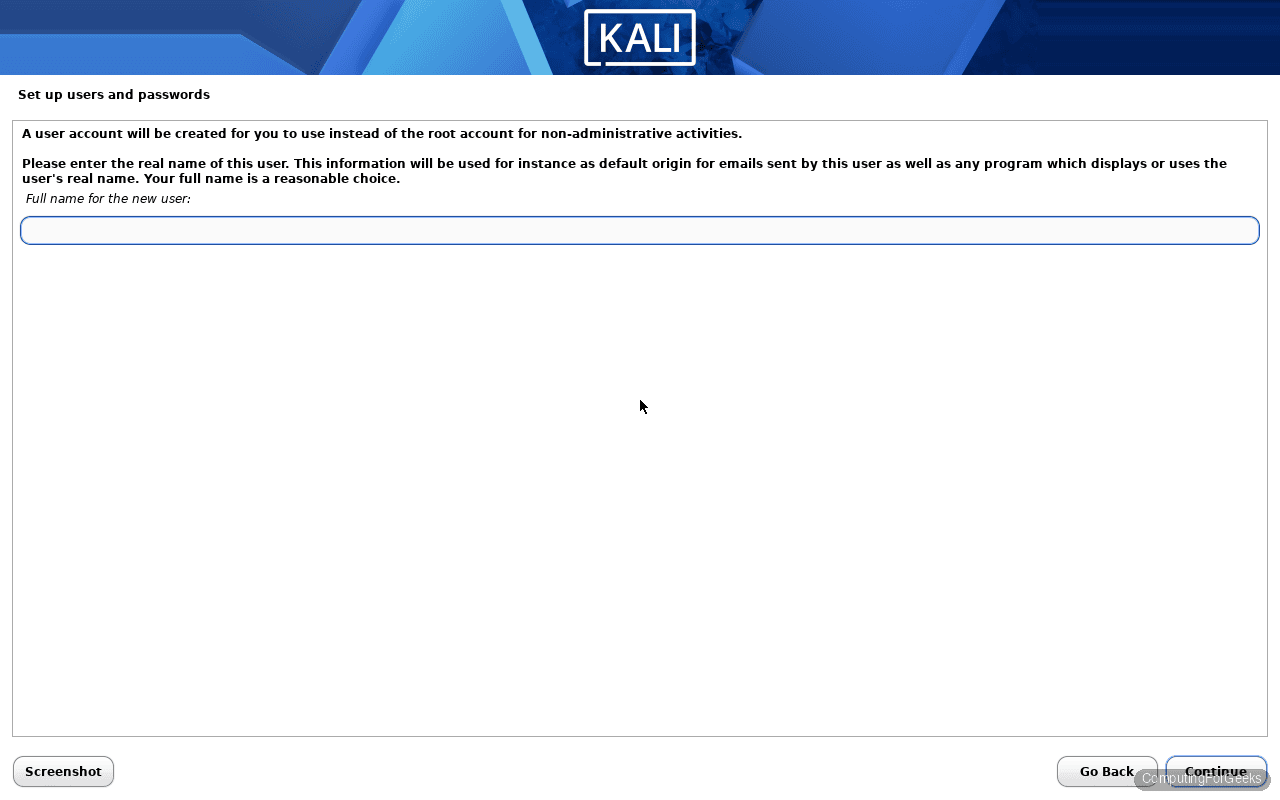 Kali Linux 2026.1 installer full name for new user