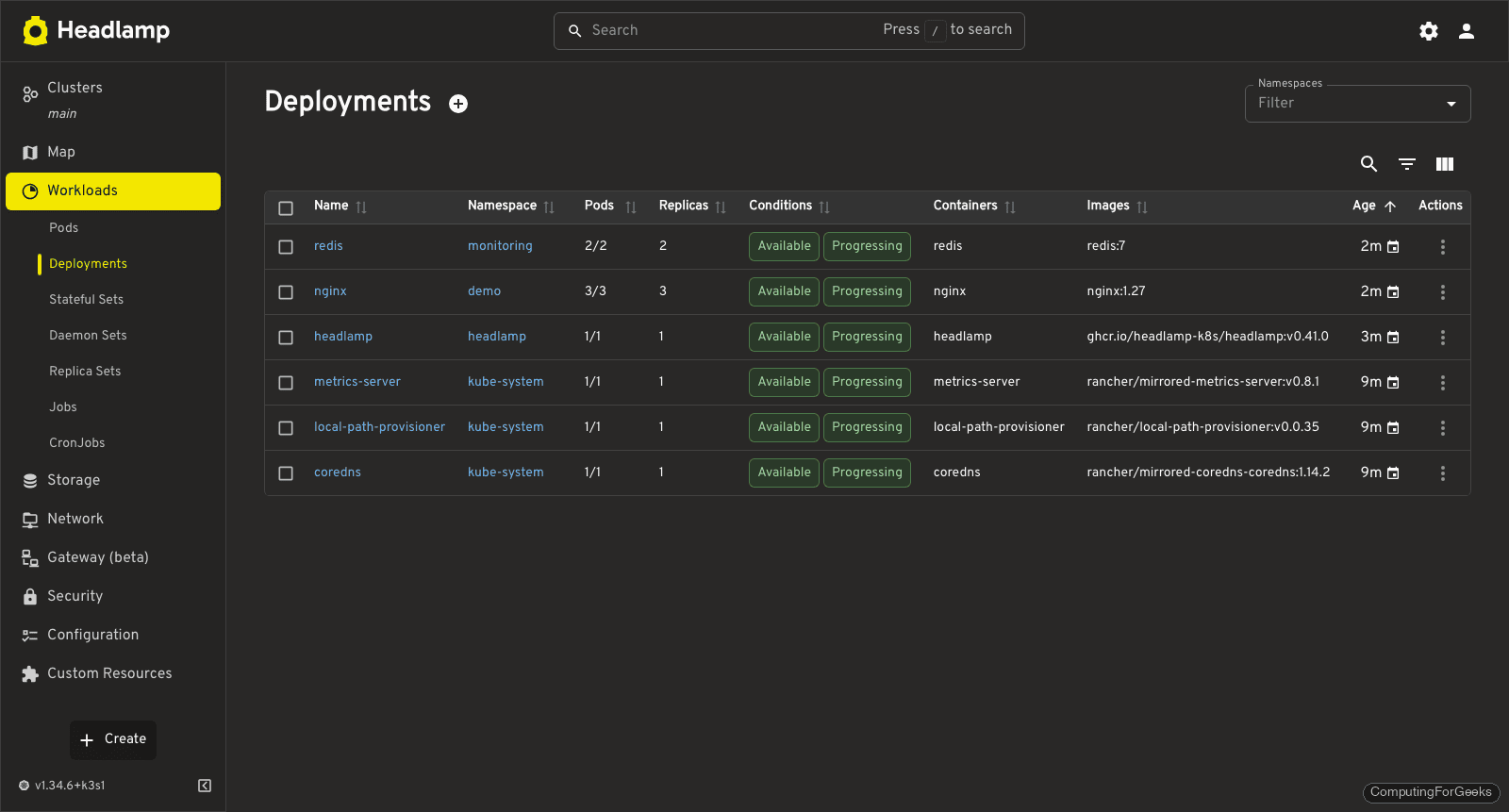 Headlamp deployments page showing nginx redis and headlamp deployments