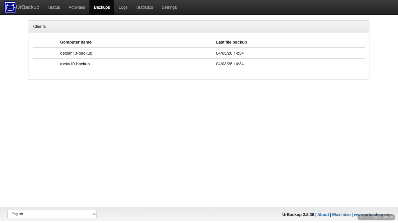 UrBackup backups page listing all clients with last backup dates