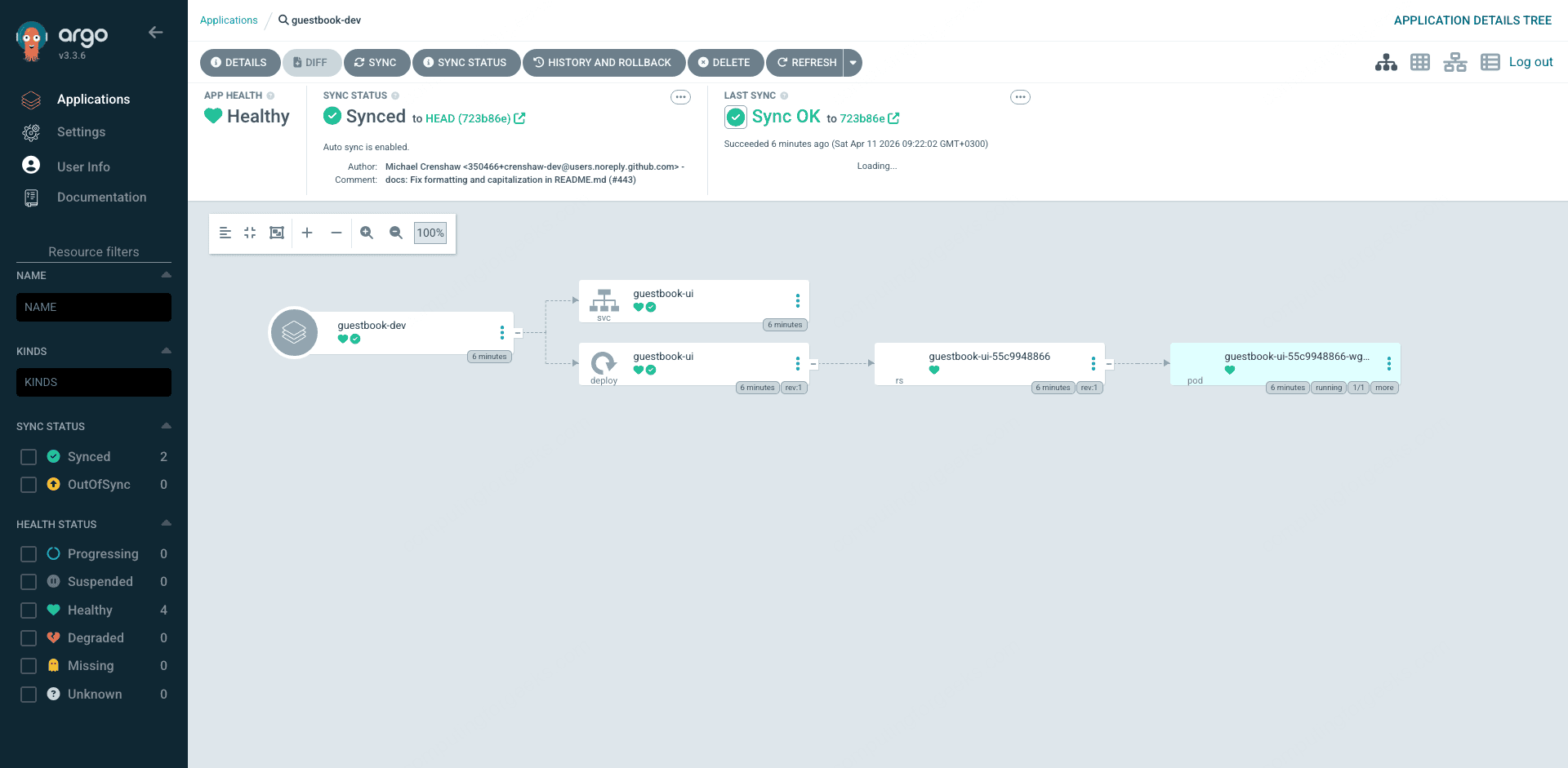 ArgoCD guestbook-dev application generated by the ApplicationSet list generator