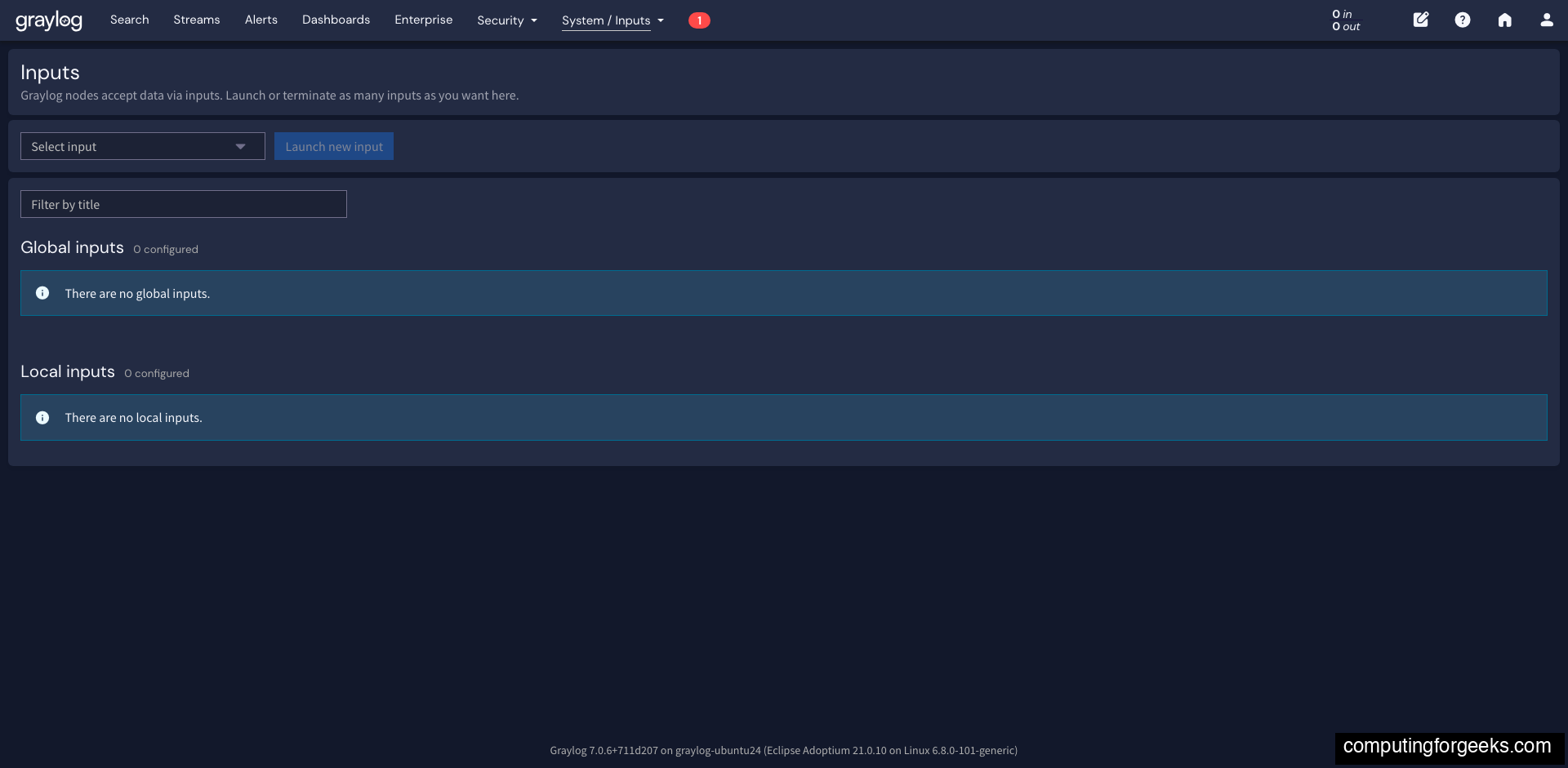 Graylog 7 Inputs page showing Global inputs and Local inputs sections with Launch new input button