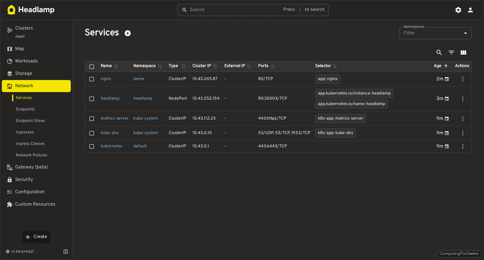 Headlamp services view with ClusterIP NodePort entries