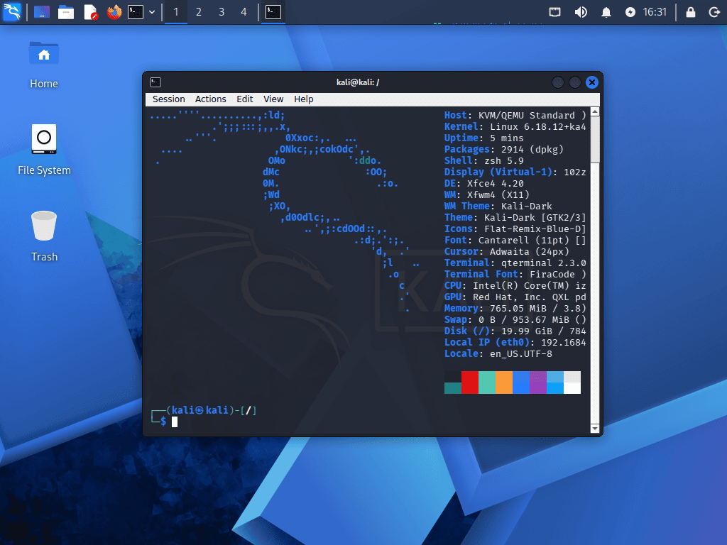 Fastfetch output showing Kali Linux 2026.1 with kernel 6.18.12 after upgrade