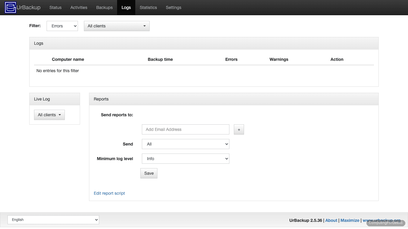 UrBackup logs page with email report configuration for backup notifications