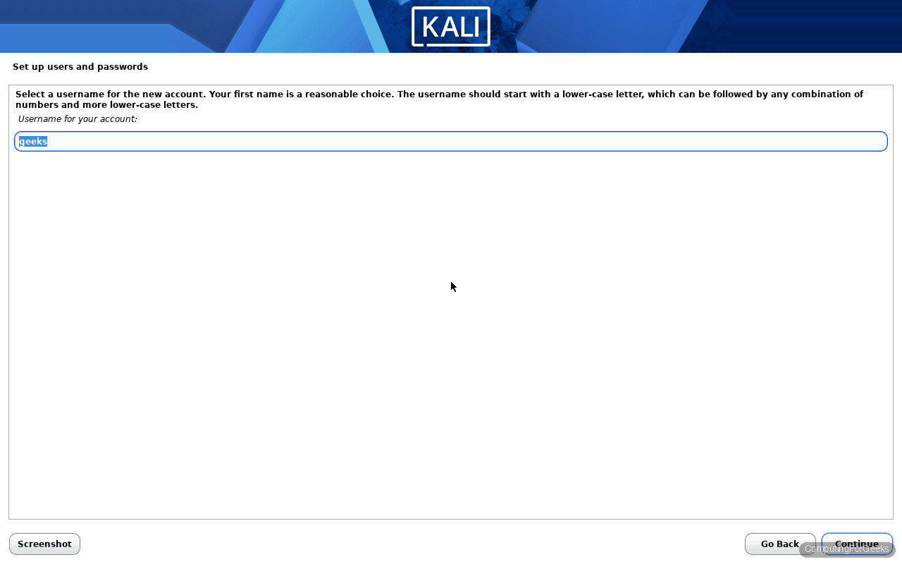 Kali Linux 2026.1 installer username for account creation