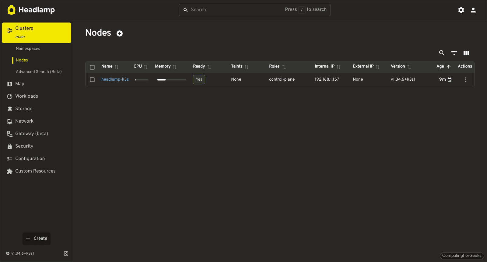 Headlamp nodes page showing k3s control plane node with resource usage