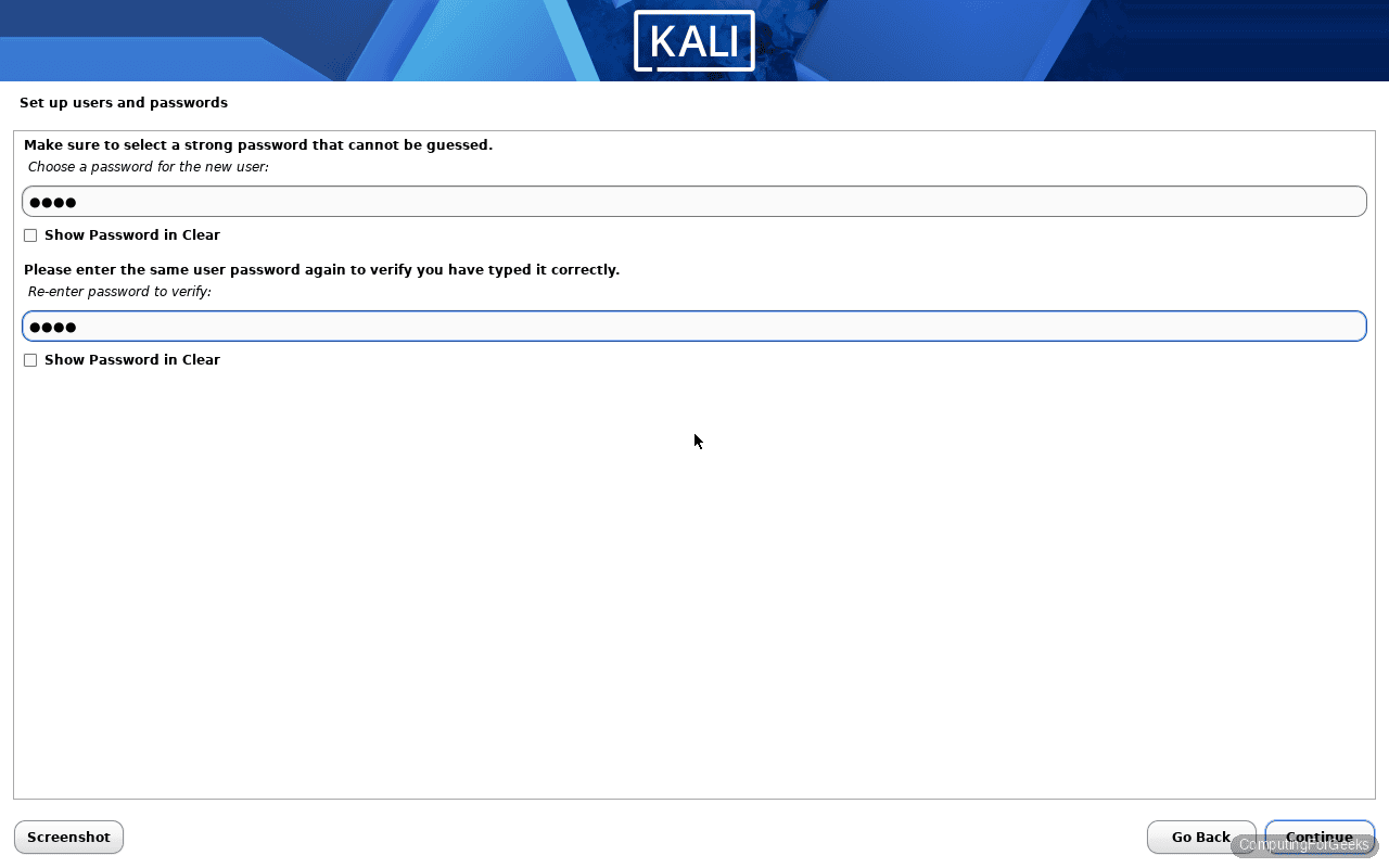 Kali Linux 2026.1 installer user password entry with verification