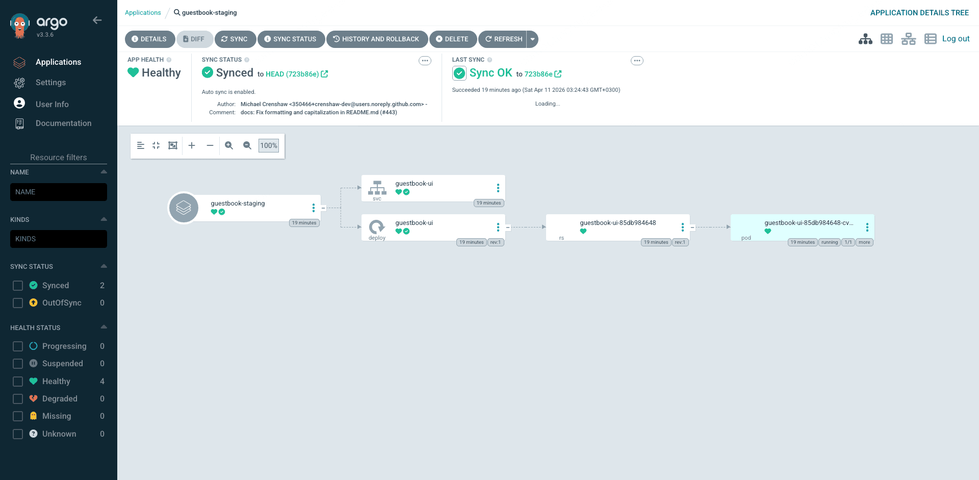 ArgoCD guestbook-staging application generated by the ApplicationSet list generator