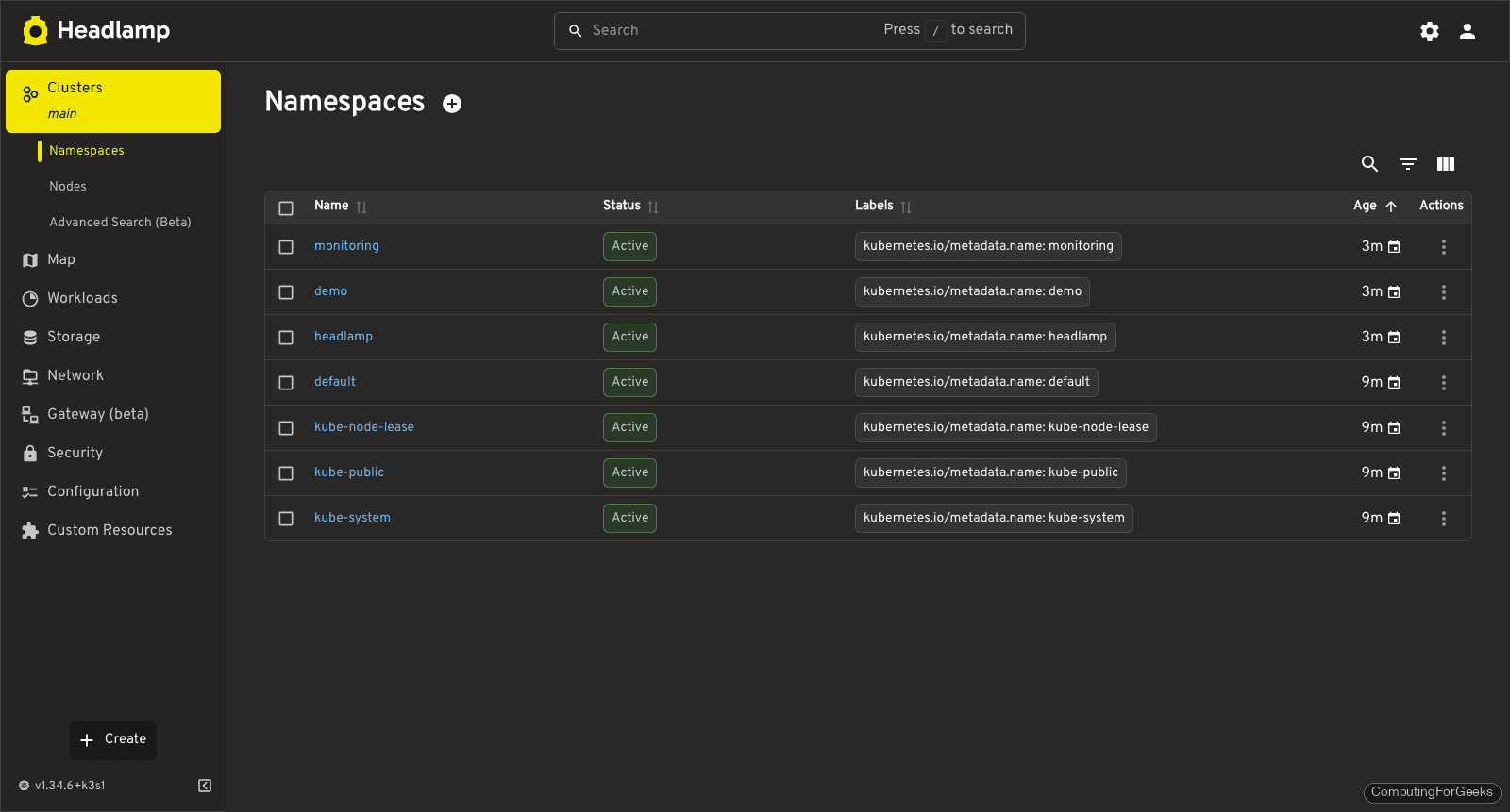 Headlamp namespaces list showing headlamp demo monitoring kube-system default