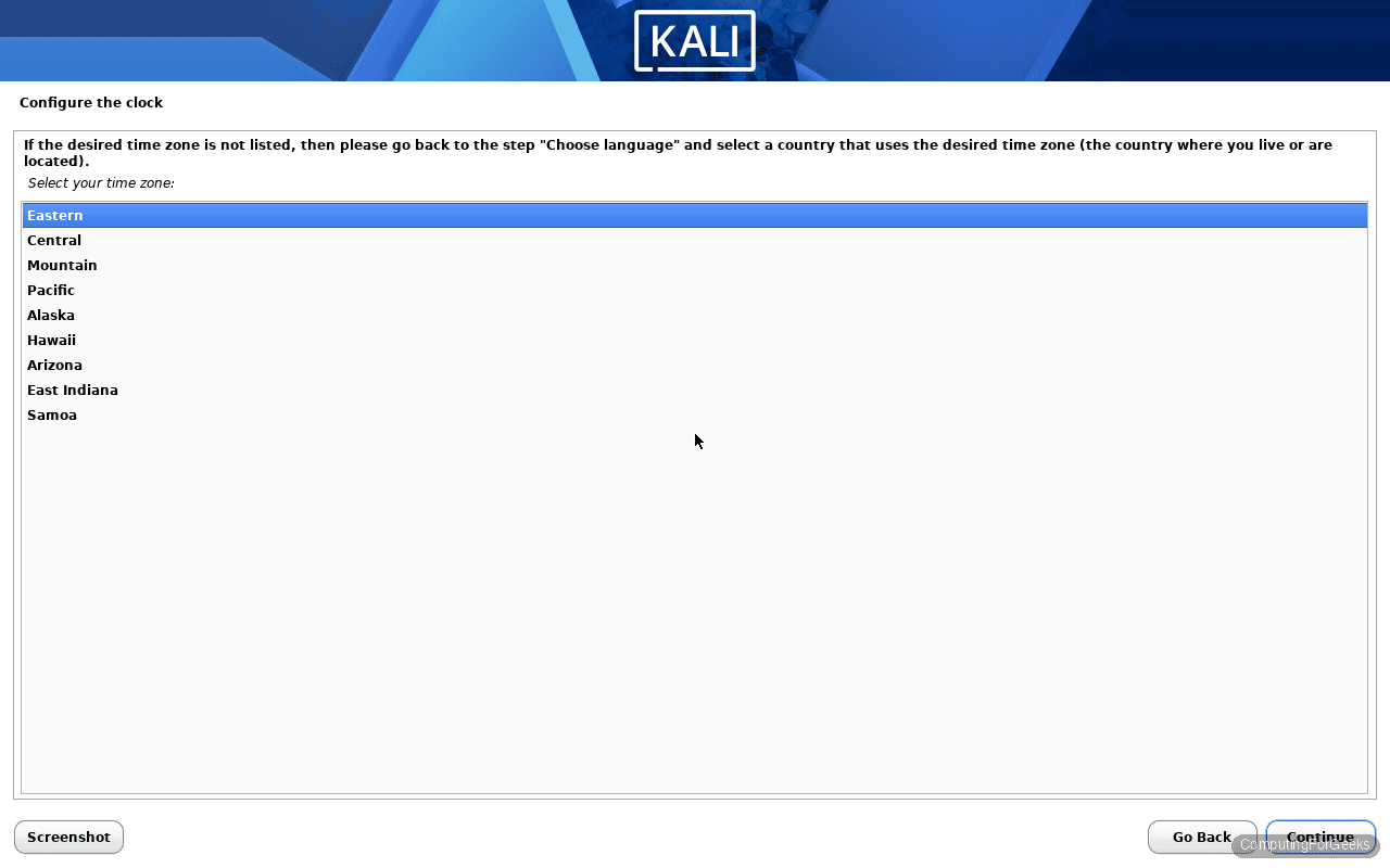 Kali Linux 2026.1 installer configure clock time zone selection