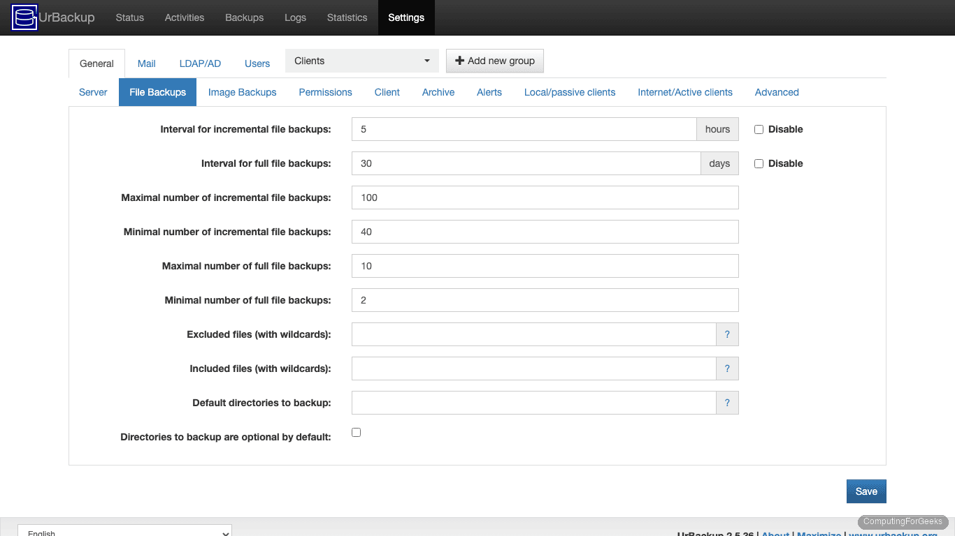 UrBackup file backup settings showing interval, retention, and exclude patterns