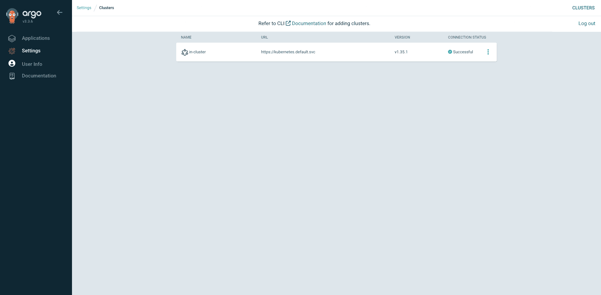 ArgoCD Settings Clusters page showing the in-cluster connection with Kubernetes v1.33.8 on GKE