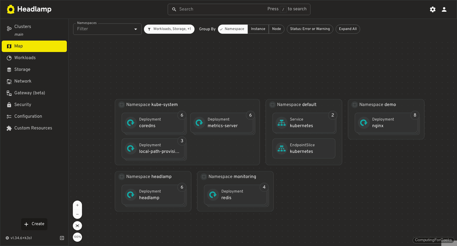 Headlamp cluster map visualization grouping deployments by namespace