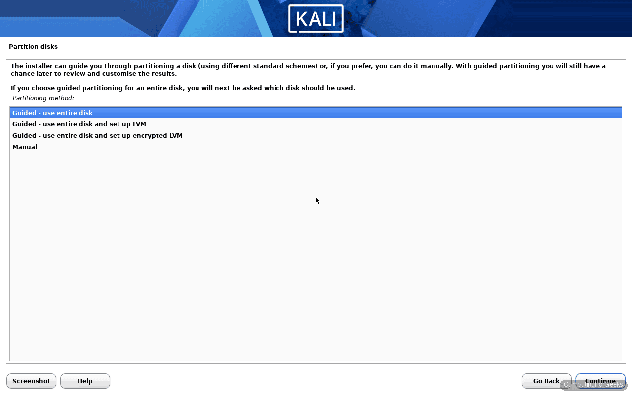 Kali Linux 2026.1 installer partition method guided entire disk