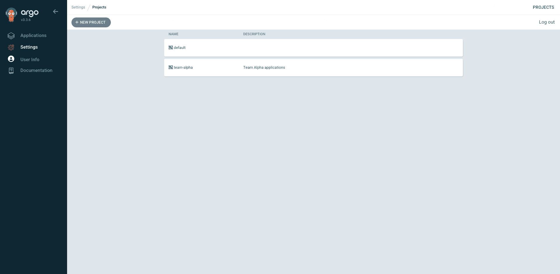 ArgoCD Settings Projects page showing default and team-alpha projects