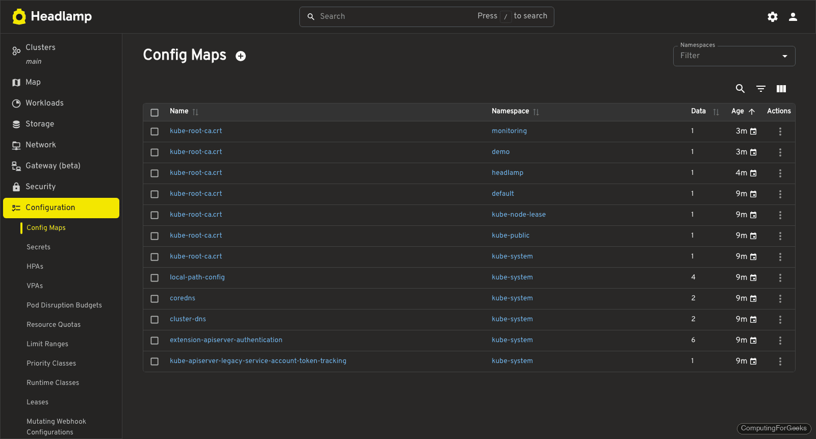 Headlamp ConfigMaps page listing cluster configuration maps