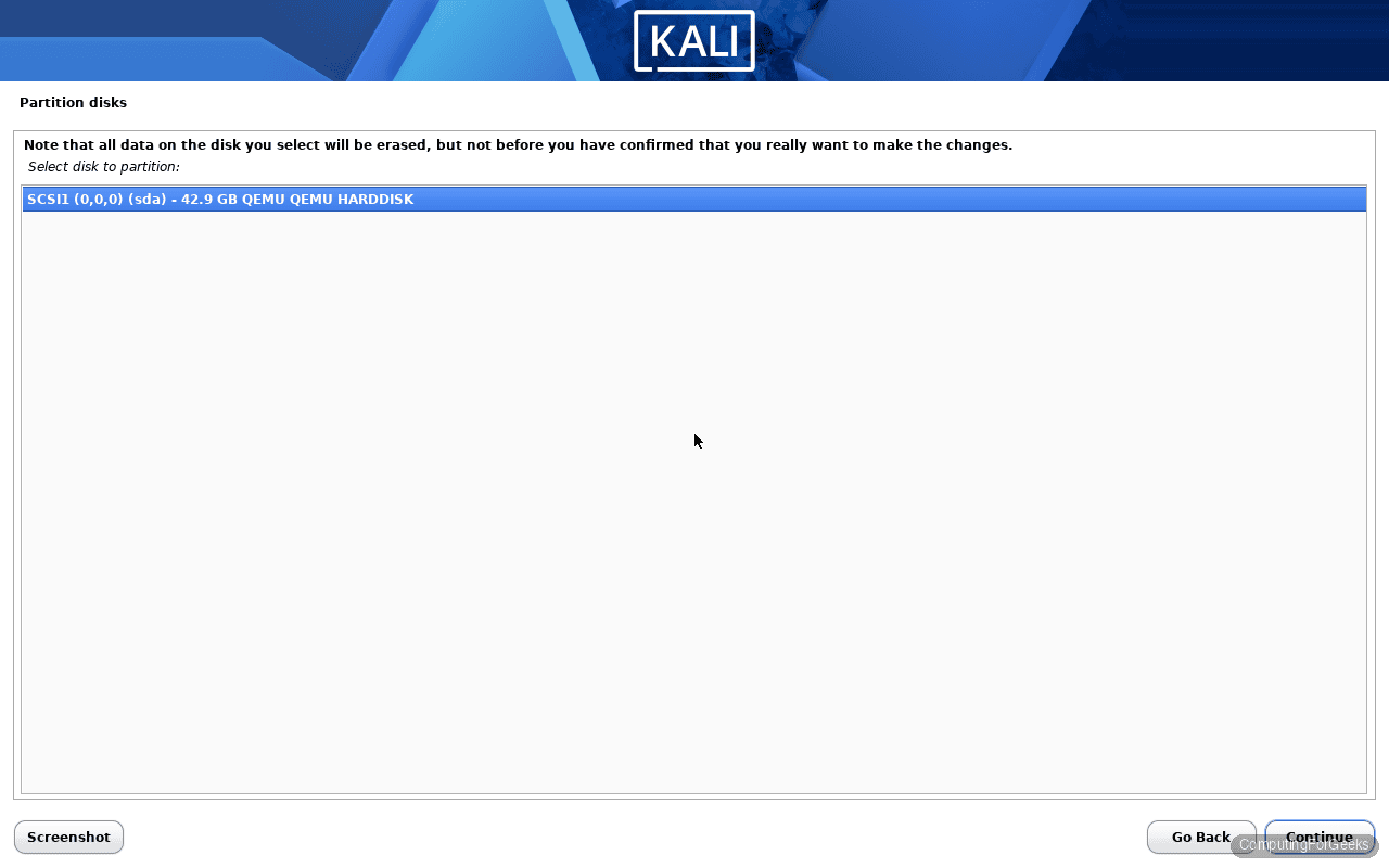 Kali Linux 2026.1 installer select disk to partition