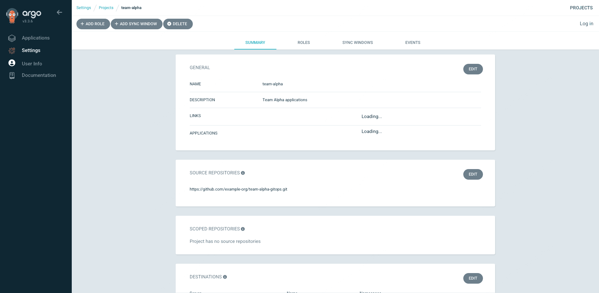 ArgoCD team-alpha project details showing source repositories, destinations, and ci-sync role
