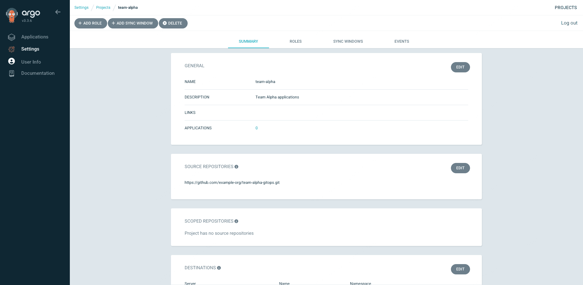 ArgoCD team-alpha project details showing source repositories, destinations, and ci-sync role