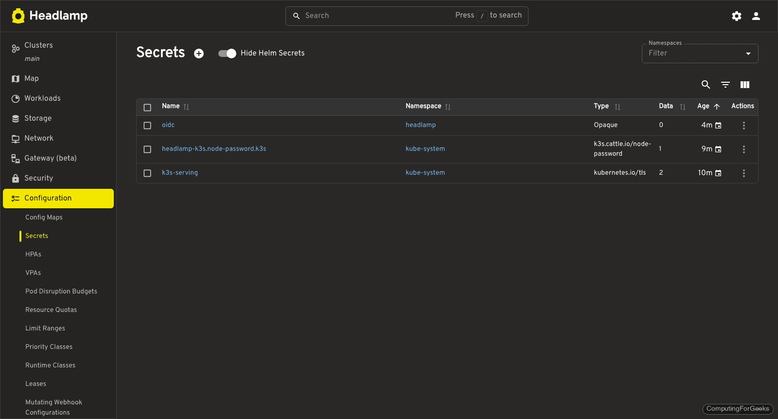 Headlamp secrets page showing Kubernetes secret resources