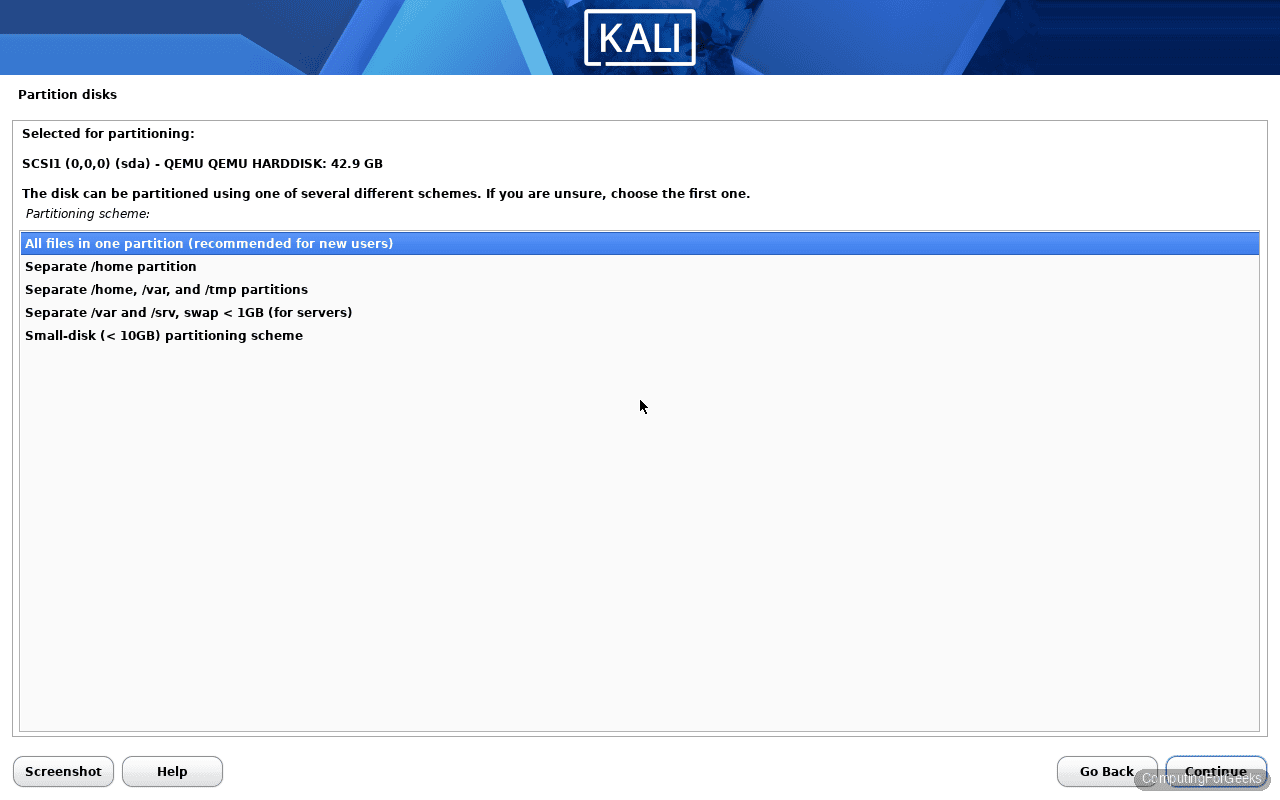Kali Linux 2026.1 installer partition scheme all files in one partition