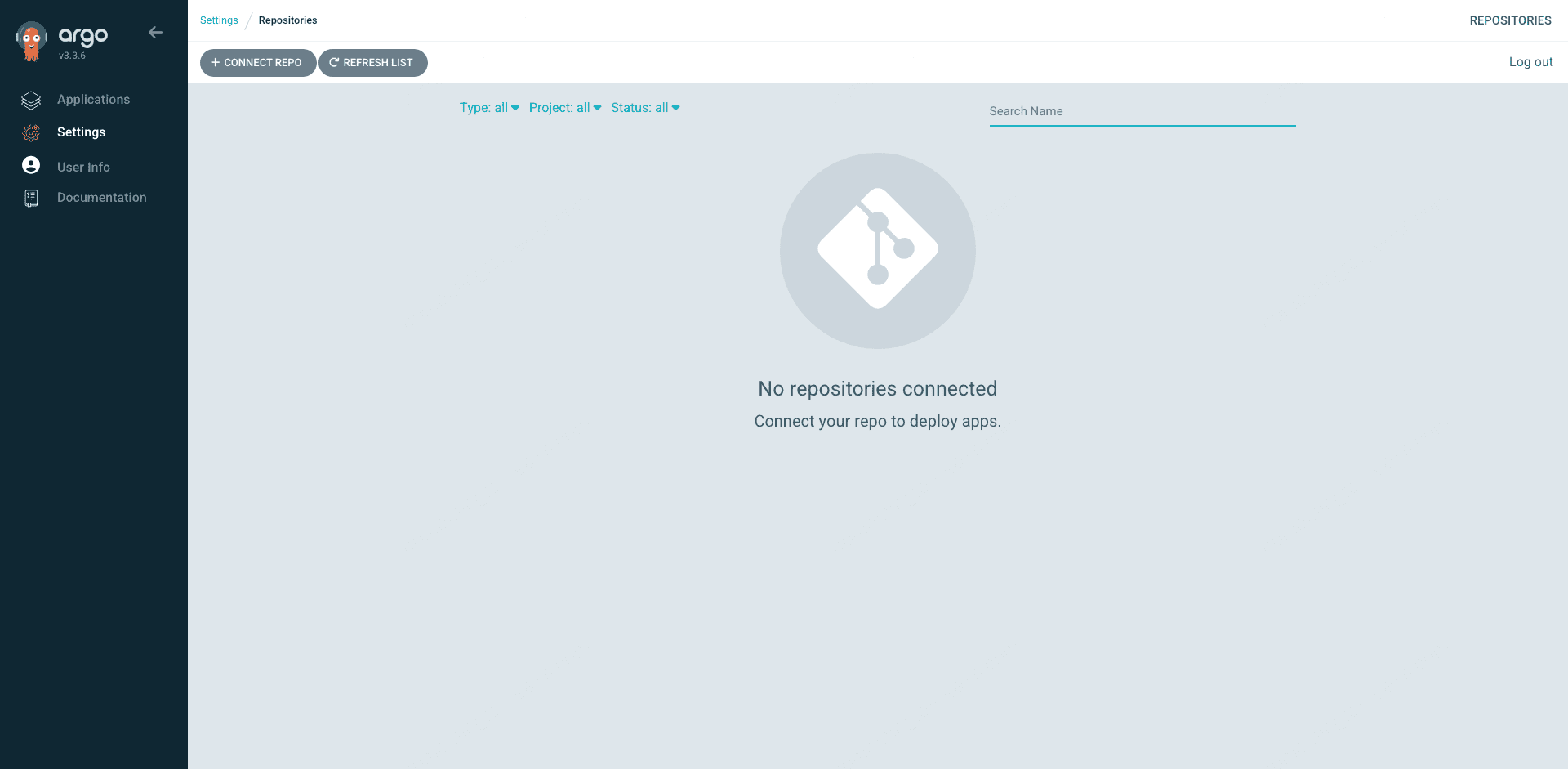 ArgoCD Settings Repositories page showing the empty state with Connect Repo button