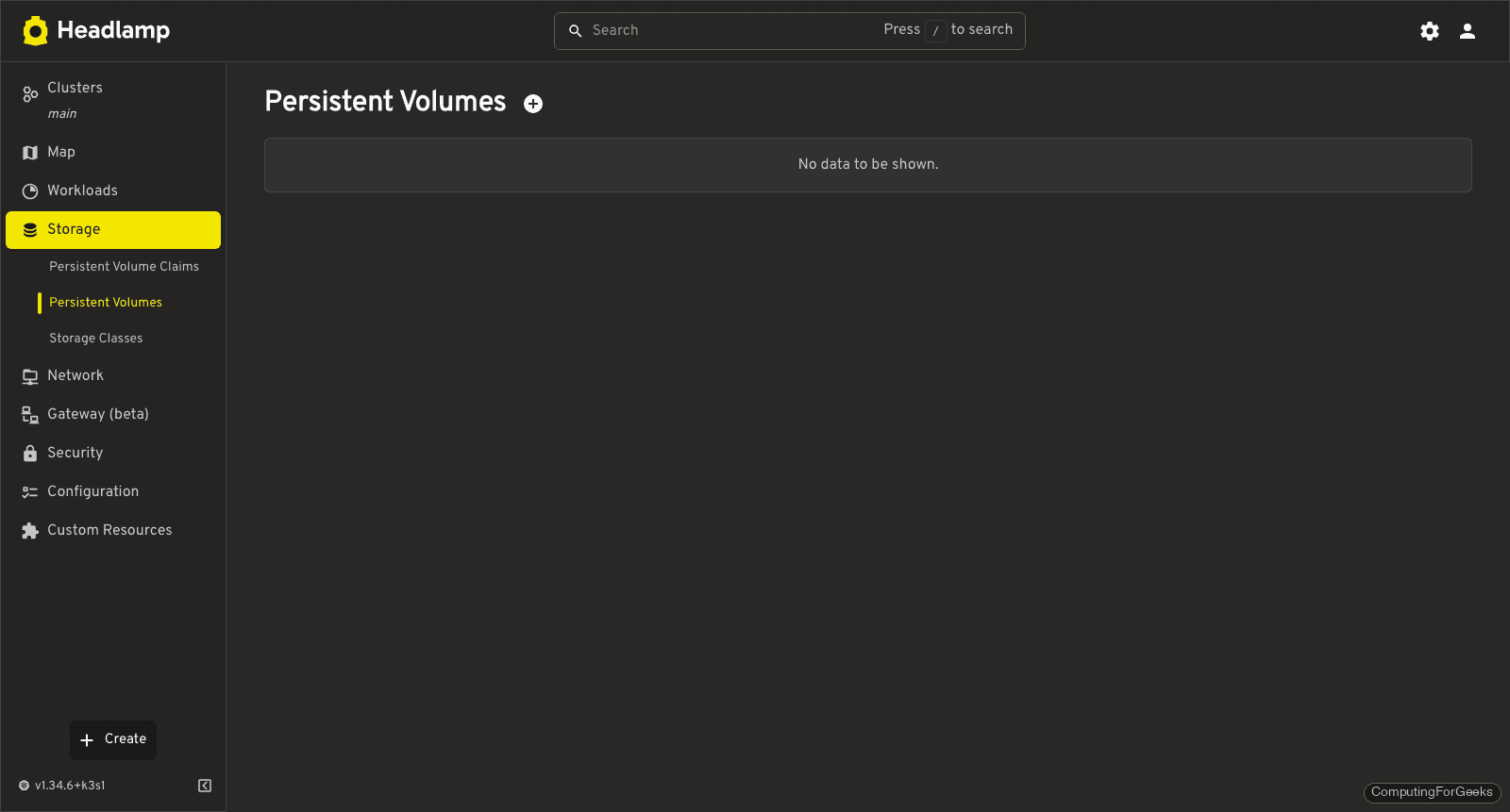 Headlamp persistent volumes page with storage class details