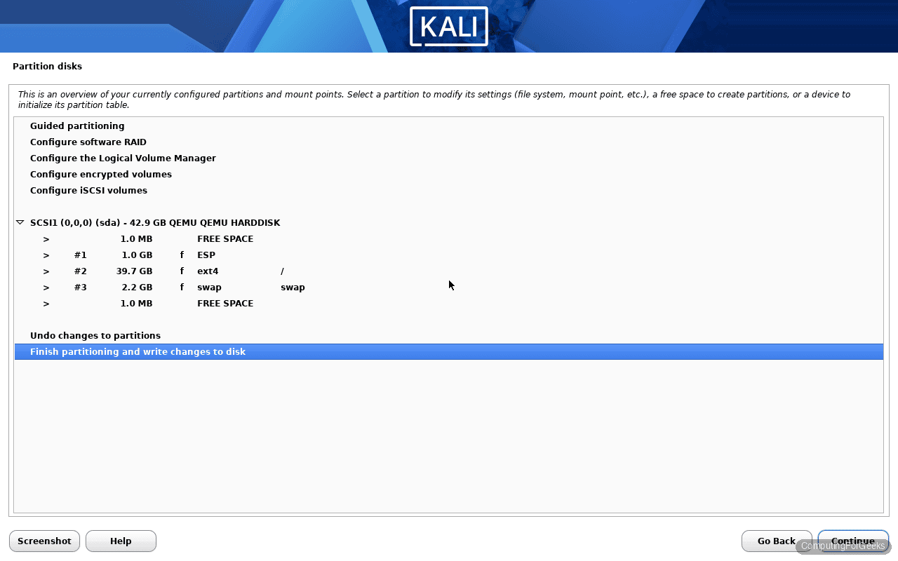 Kali Linux 2026.1 installer partition overview with EFI system partition and root