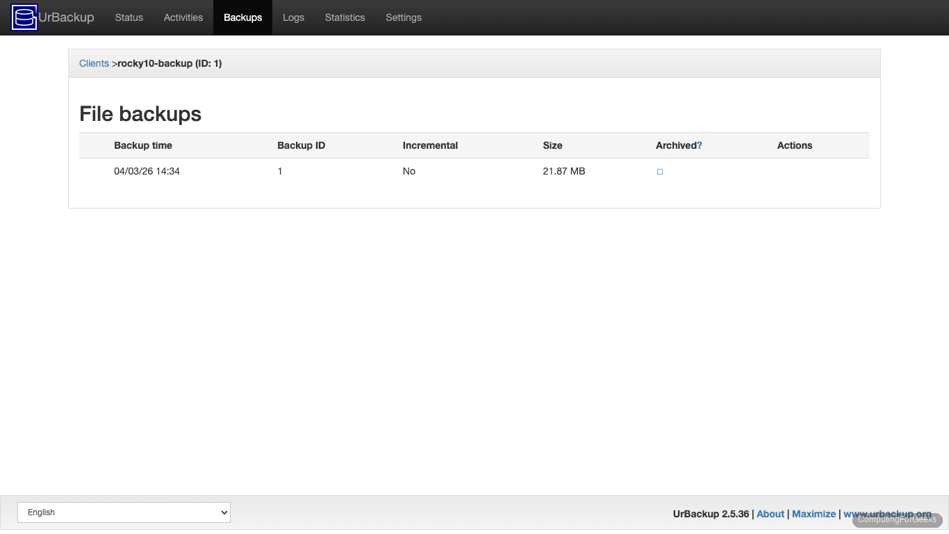 UrBackup file backup list for Rocky Linux client showing backup ID, size, and archive status