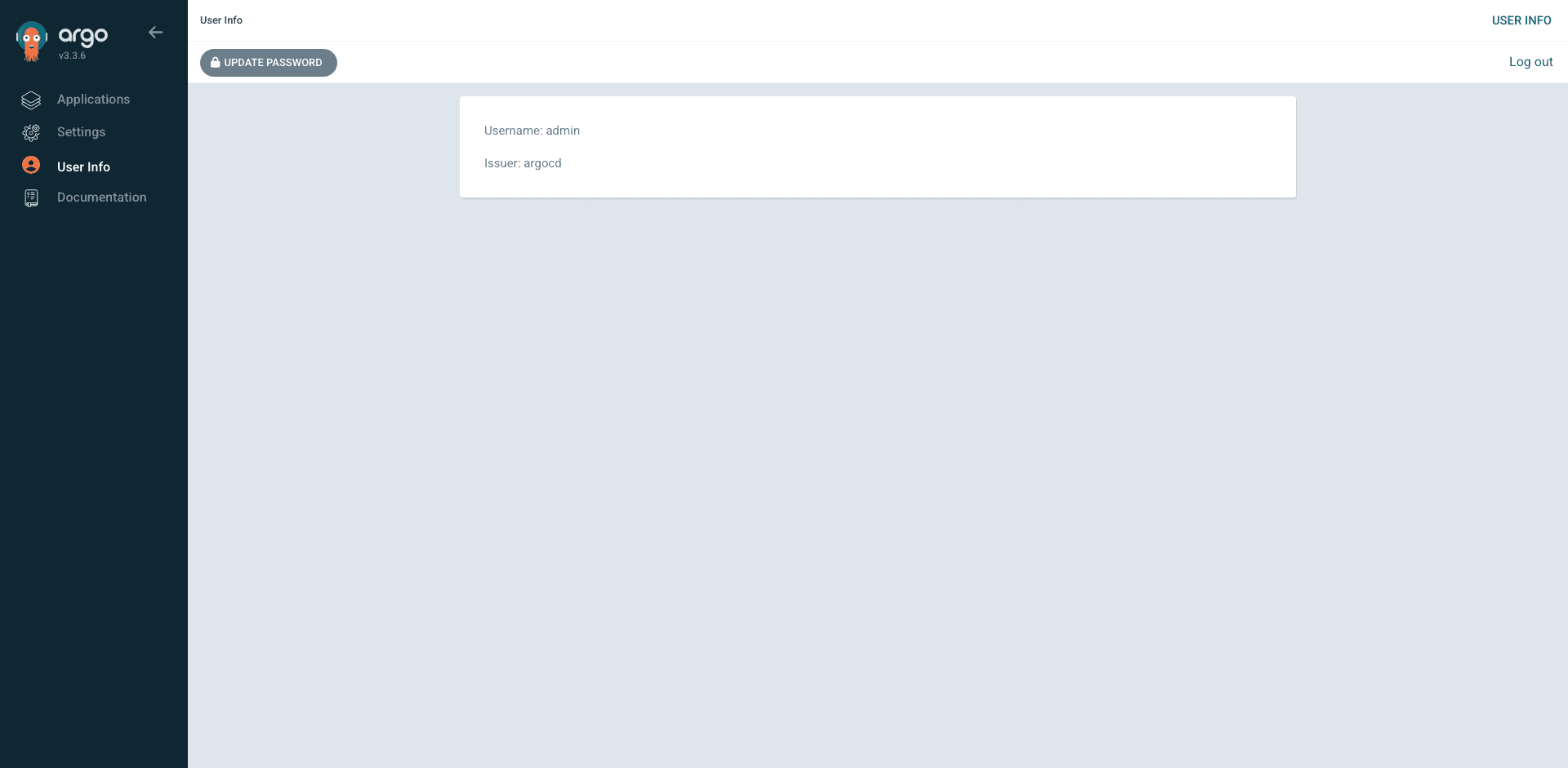 ArgoCD User Info page showing the Update Password button and admin username