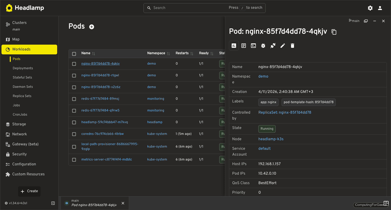 Headlamp pod details view with containers status and events